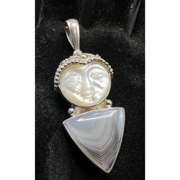Sajen Moon Goddess Pendant Sterling Silver Carved Mother of Pearl and Agate 1.8" - Picture 1 of 13